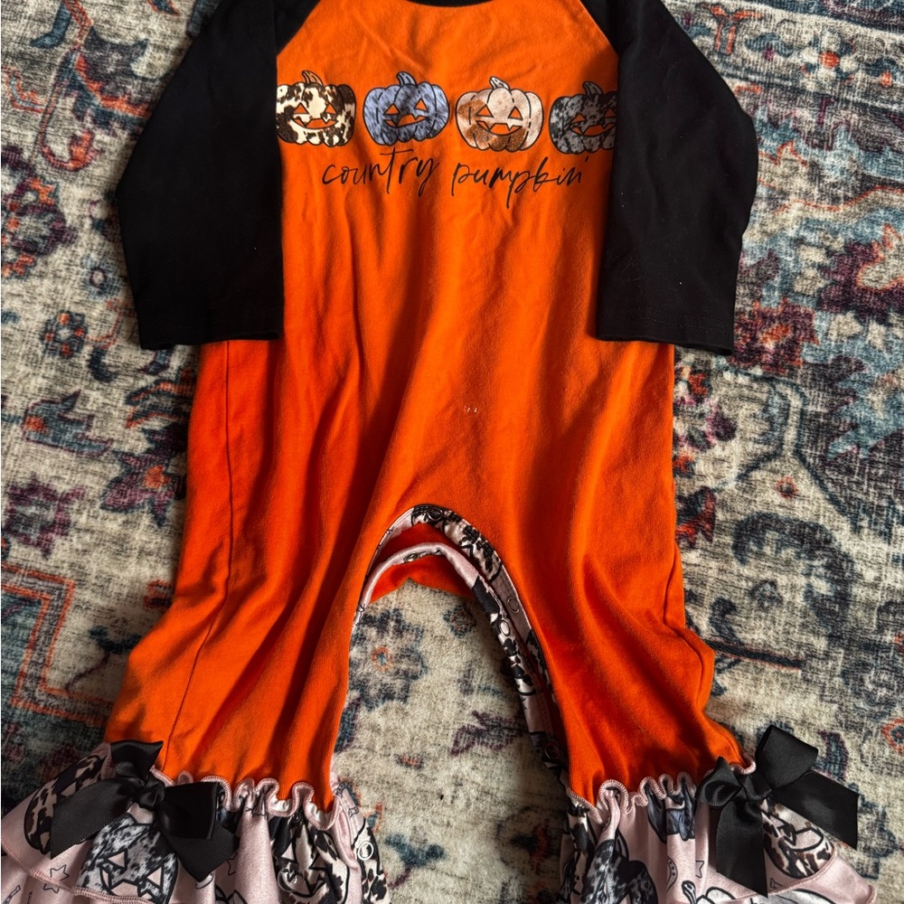 A Classy Chic Boutique Orange and Black Pumpkin Kids One Piece